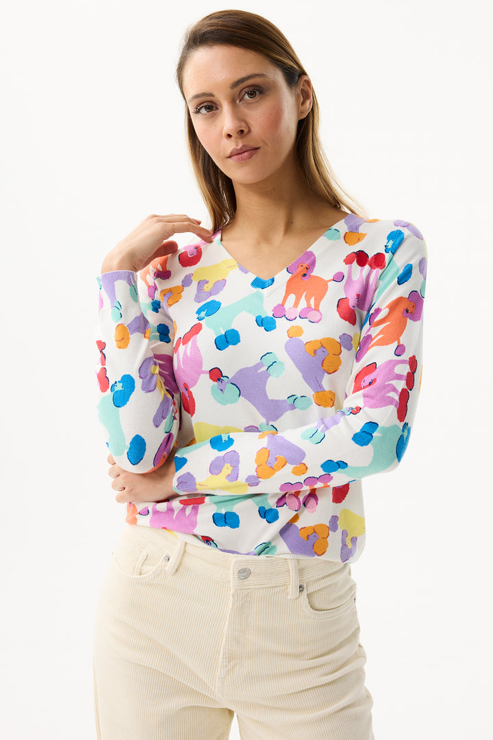 Leo & Ugo Top PH033 Multicolour Poodle Design V-Neck Jumper