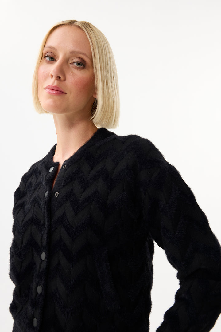 Leo & Ugo Top QH057 Black Zip Zag Textured Cardigan Jacket