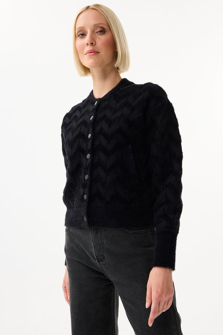 Leo & Ugo Top QH057 Black Zip Zag Textured Cardigan Jacket