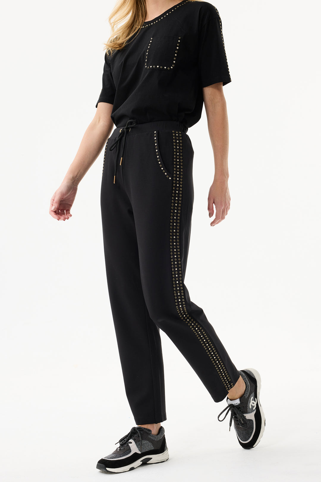 Leo & Ugo Trousers JWP801 Black Studded Stripe Jogger Trousers
