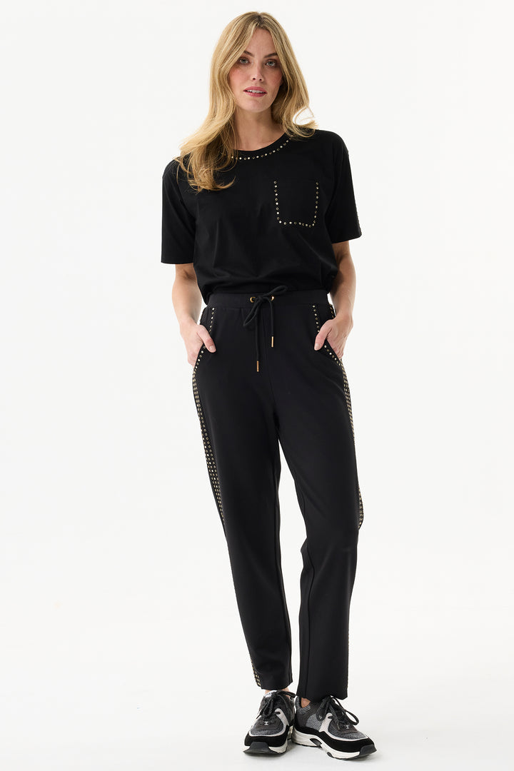 Leo & Ugo Trousers JWP801 Black Studded Stripe Jogger Trousers