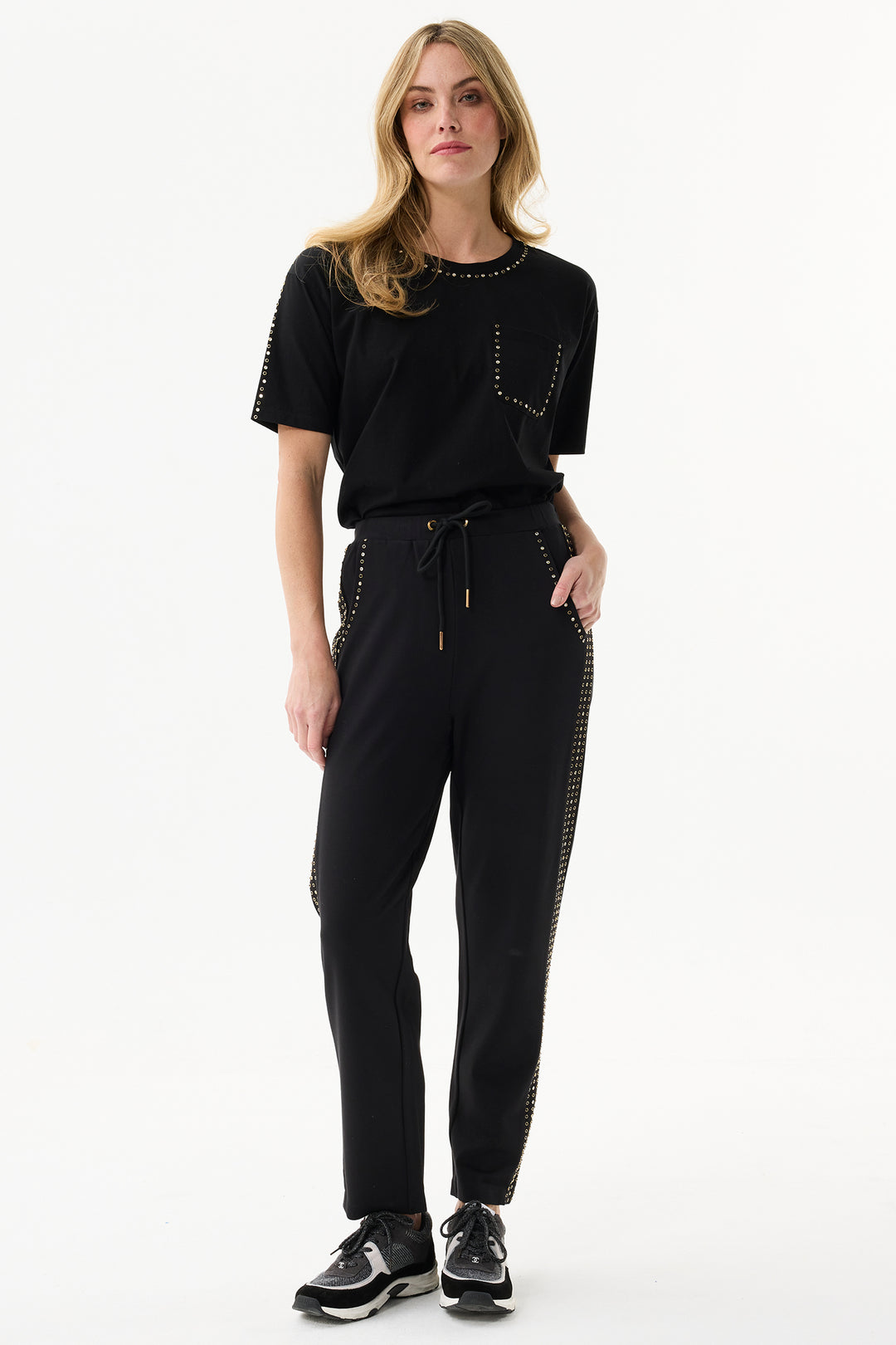 Leo & Ugo Trousers JWP801 Black Studded Stripe Jogger Trousers