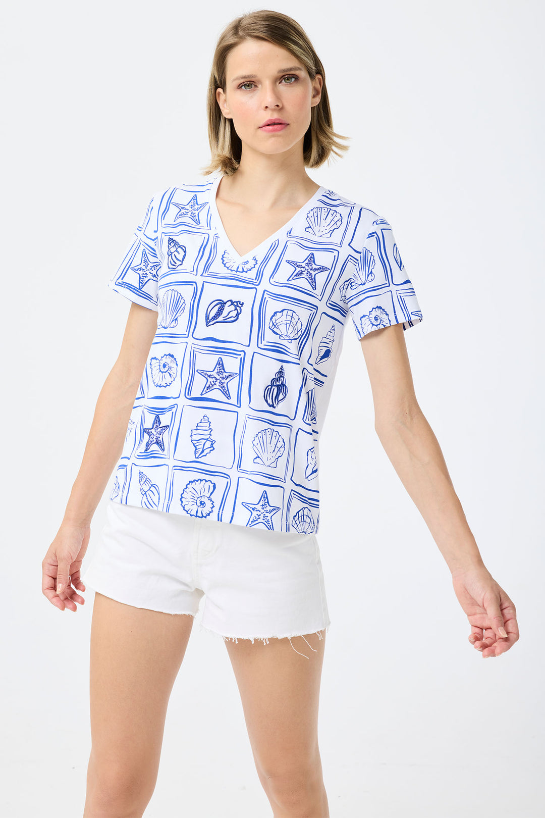 Leo & Ugo White & Blue Shell Print T-Shirt TEJ770 - Experience Boutique