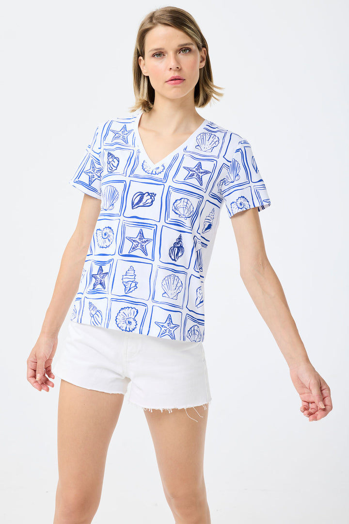 Leo & Ugo White & Blue Shell Print T-Shirt TEJ770 - Experience Boutique