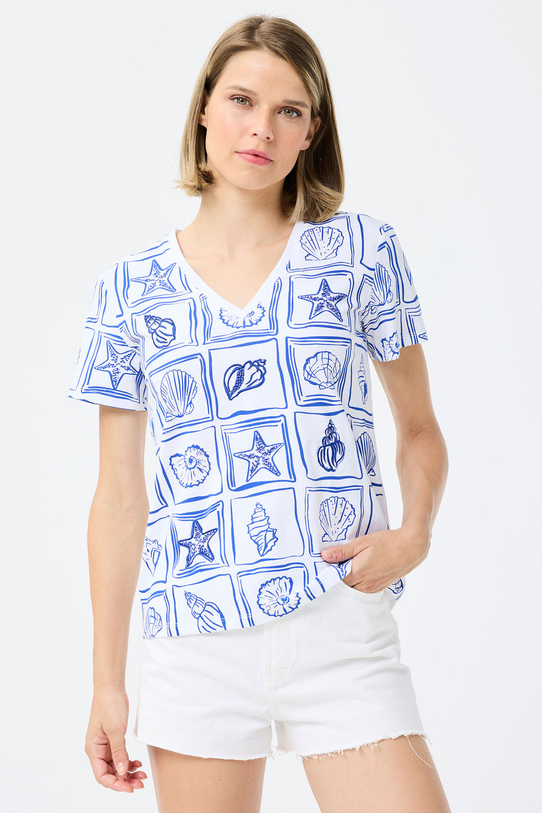 Leo & Ugo White & Blue Shell Print T-Shirt TEJ770 - Experience Boutique