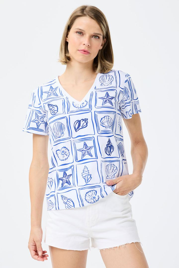 Leo & Ugo White & Blue Shell Print T-Shirt TEJ770 - Experience Boutique