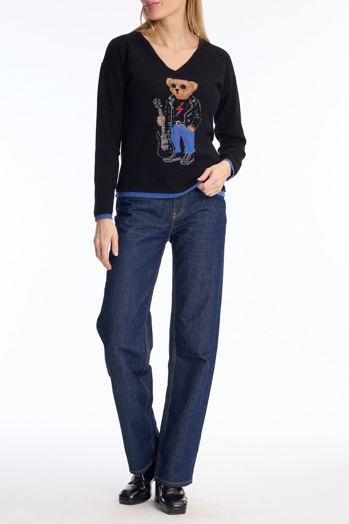 Leo &amp; Ugo AH237 Black V-Neck Jumper, full length