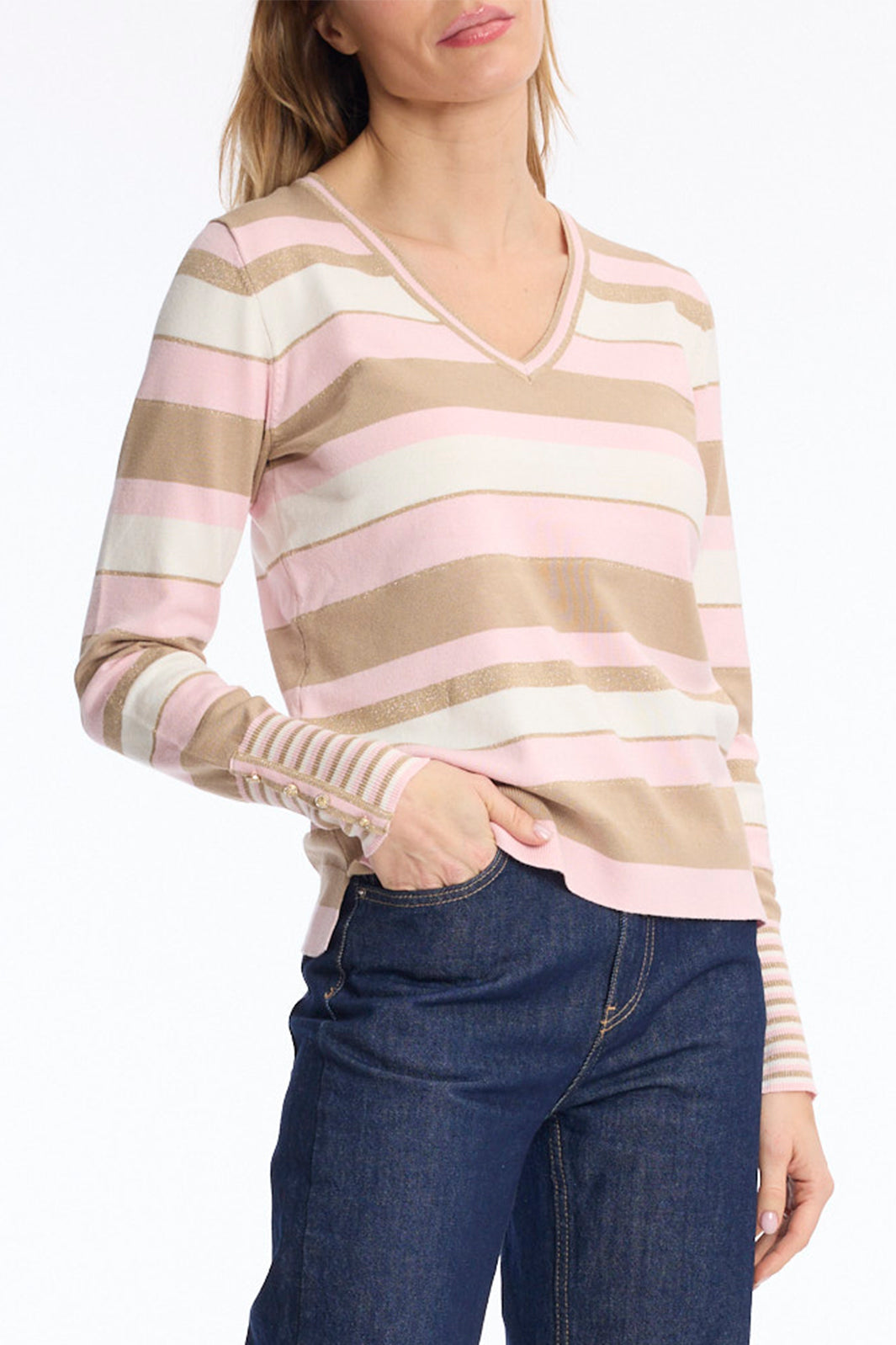 Leo &amp; Ugo BH713 Pink Beige Striped Jumper, front view