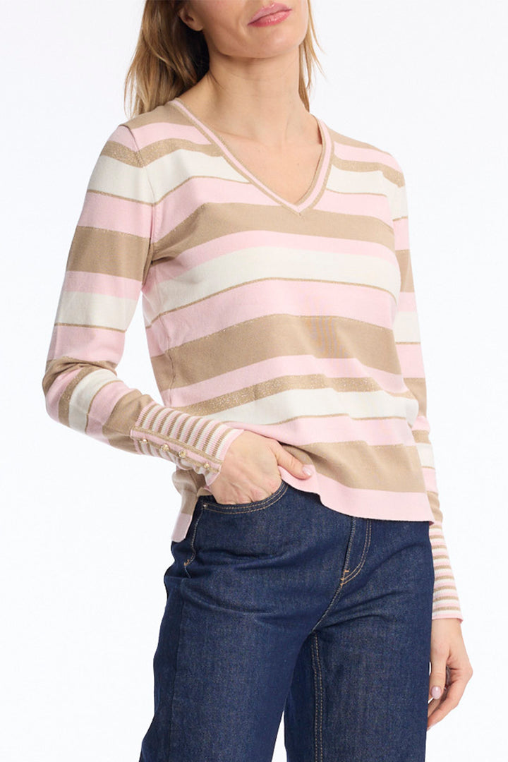 Leo &amp; Ugo BH713 Pink Beige Striped Jumper, front view