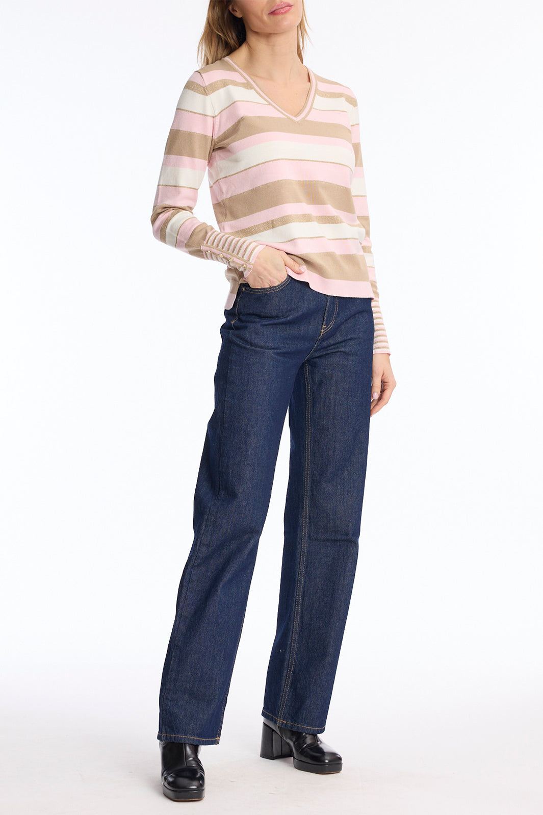Leo &amp; Ugo BH713 Pink Beige Striped Jumper, full length