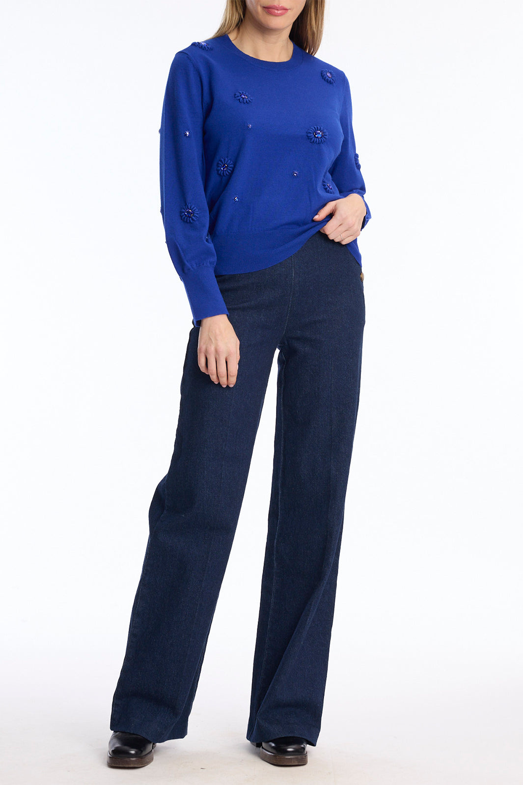 Leo &amp; Ugo KH047 Cobalt Blue Embellished Jumper, three-quarter full length