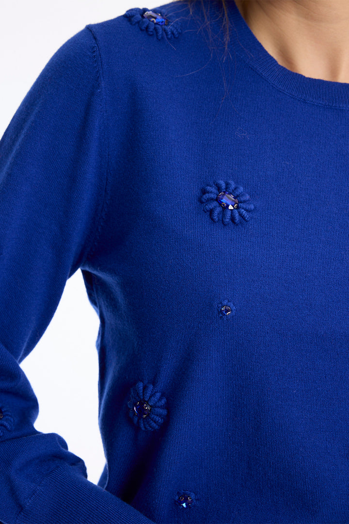 Leo &amp; Ugo KH047 Cobalt Blue Embellished Jumper, embellishment detail