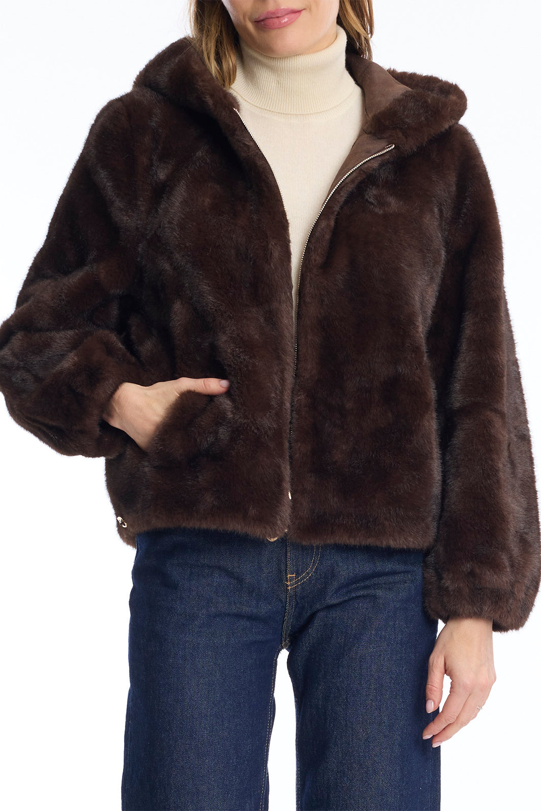 Leo &amp; Ugo KH968 Brown Faux Fur Hooded Jacket, front view