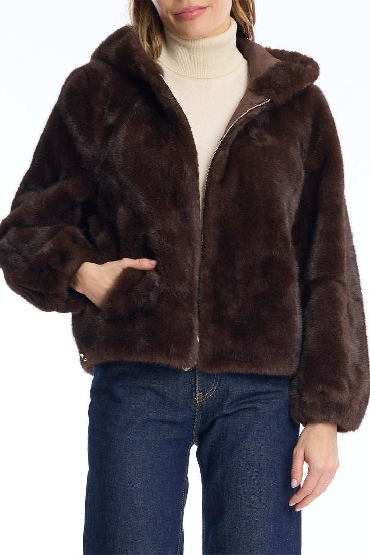 Leo &amp; Ugo KH968 Brown Faux Fur Hooded Jacket, front view