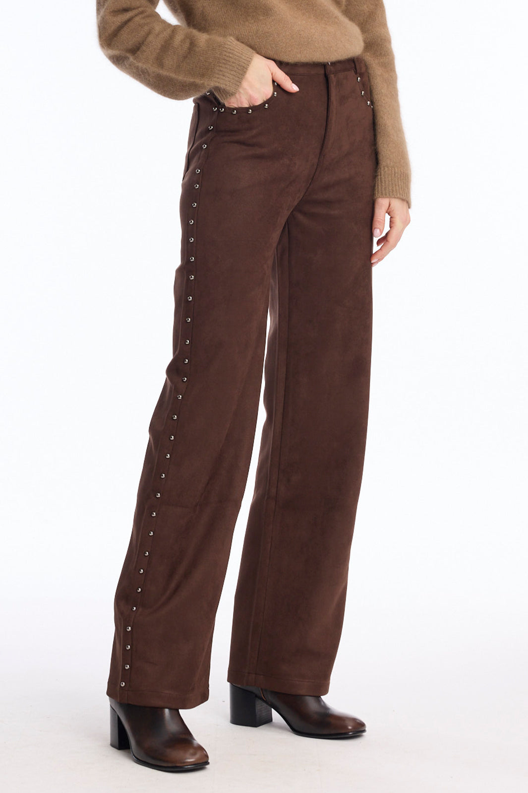 Leo &amp; Ugo LHP811 Brown Faux Suede Trousers, front view