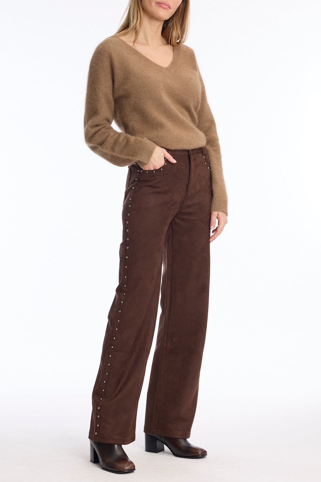 Leo &amp; Ugo LHP811 Brown Faux Suede Trousers, full length