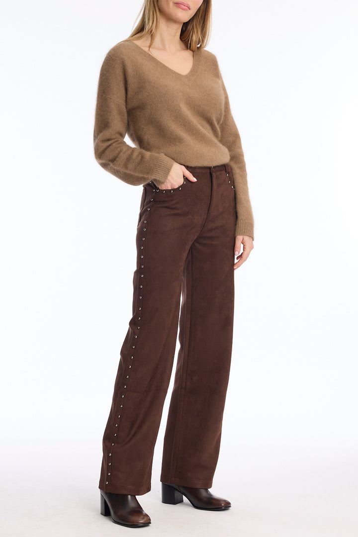 Leo &amp; Ugo LHP811 Brown Faux Suede Trousers, full length