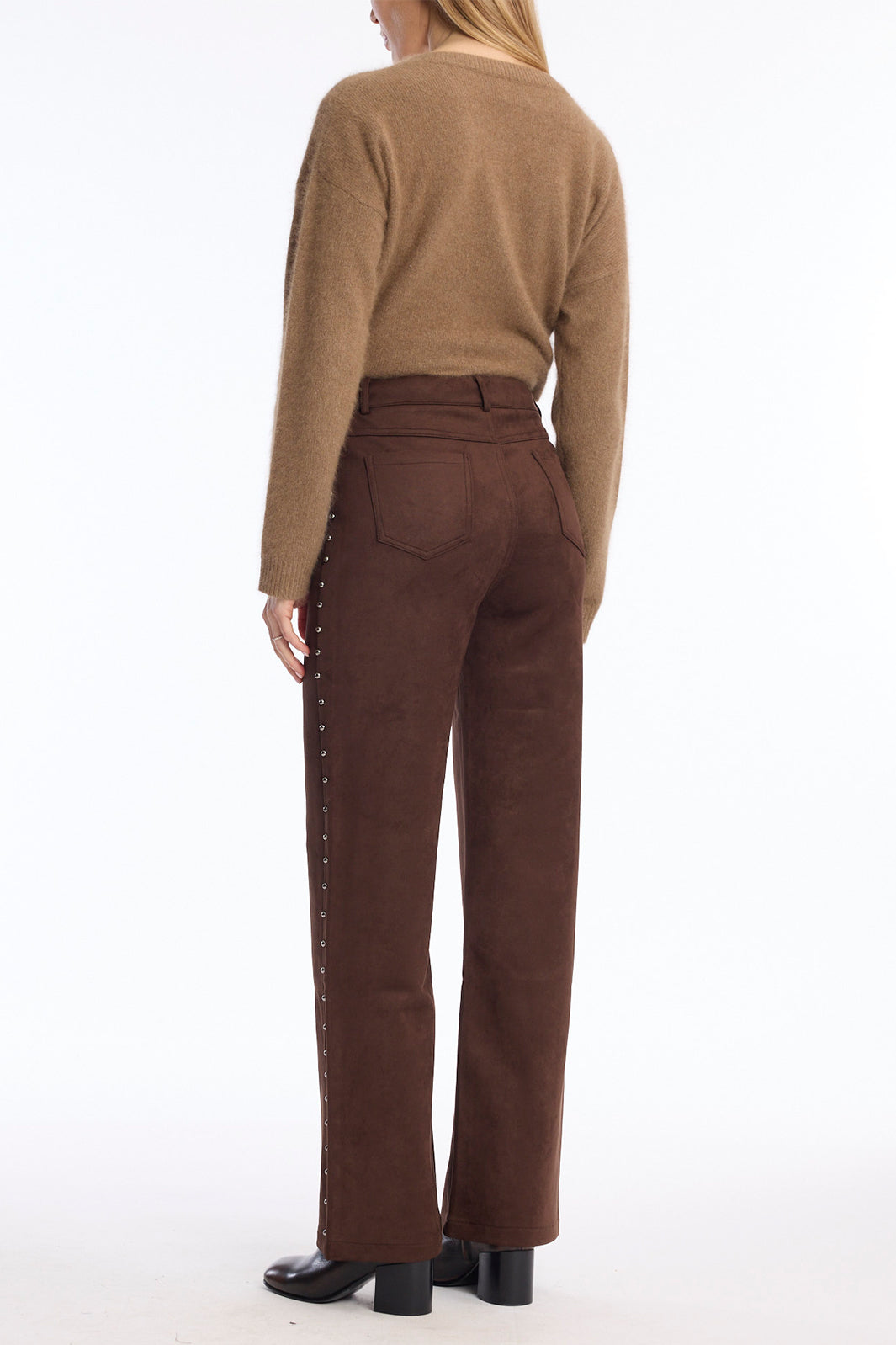 Leo &amp; Ugo LHP811 Brown Faux Suede Trousers, back full length