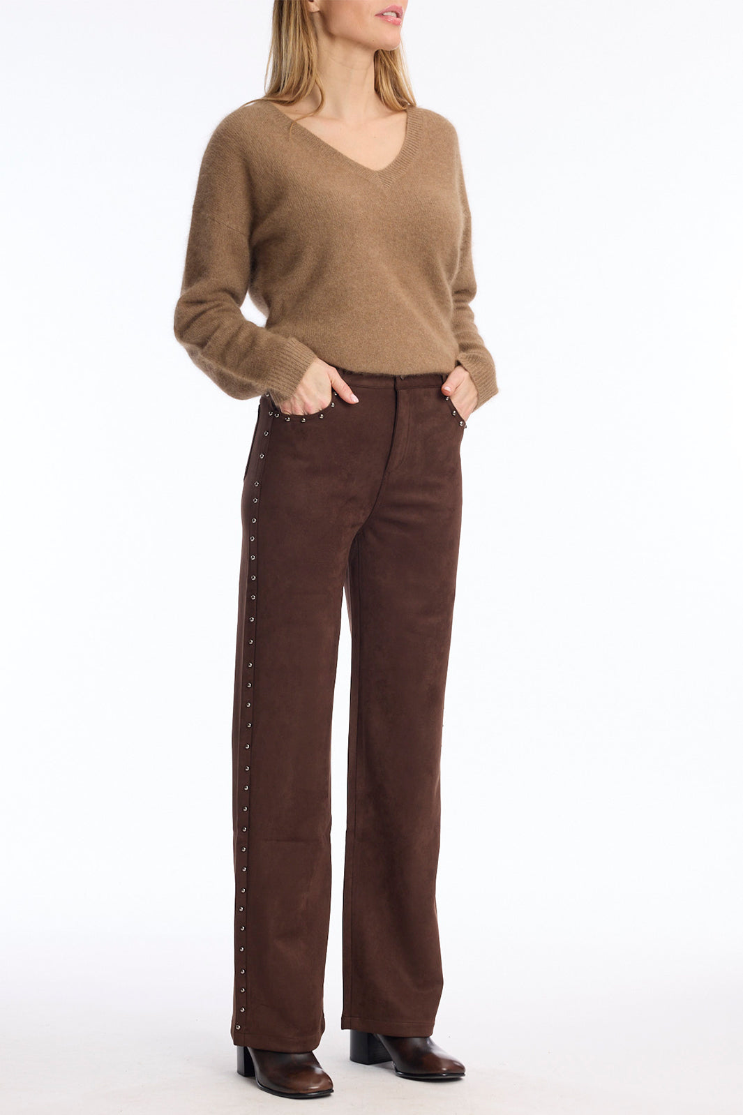 Leo &amp; Ugo LHP811 Brown Faux Suede Trousers, styled full length