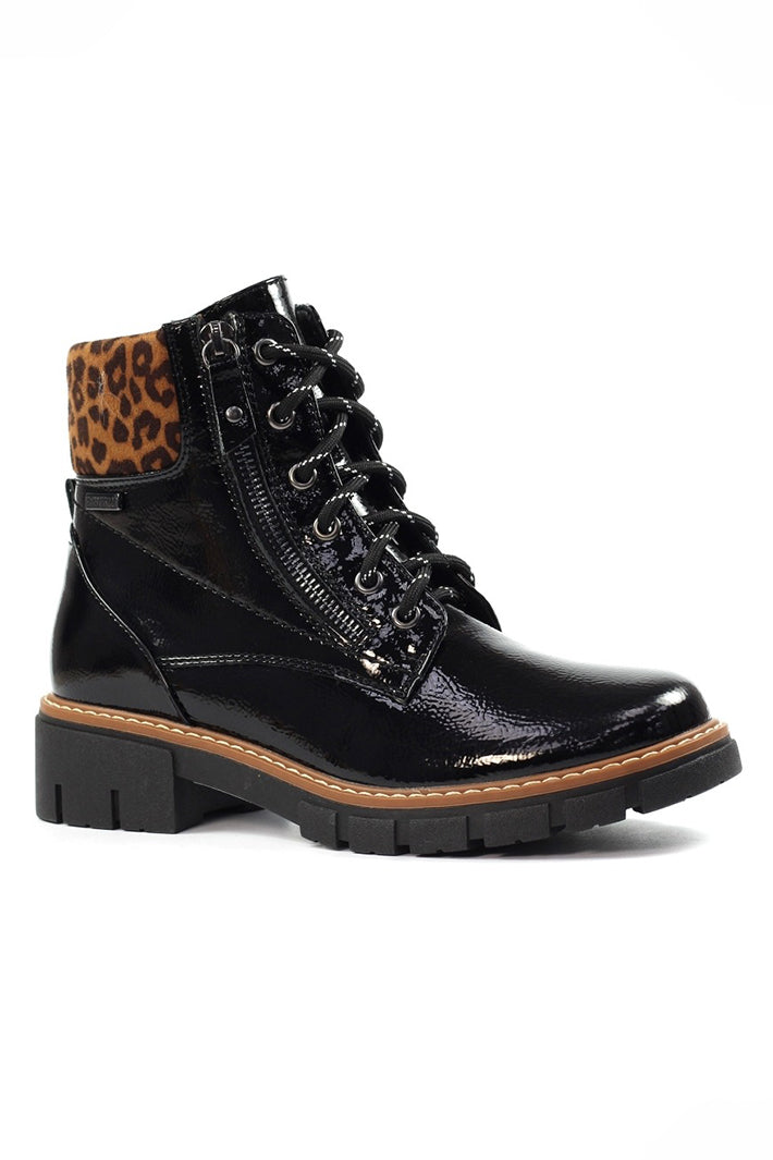 Black lace-up boot with leopard print trim on a white background