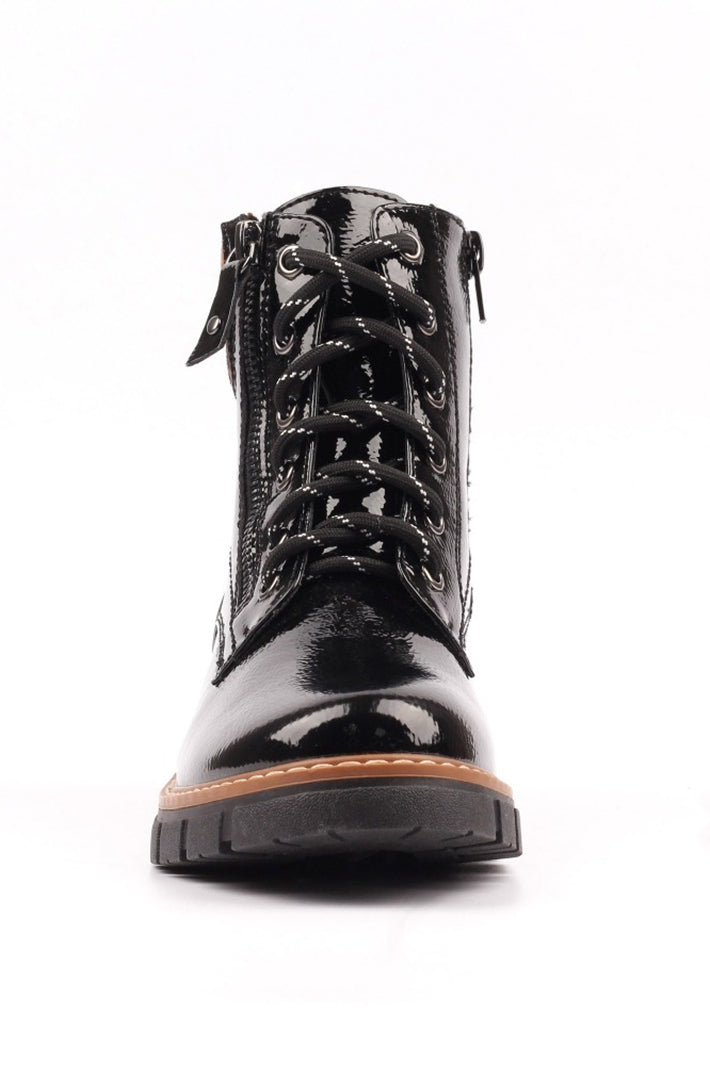 Black patent leather boot with laces on a white background