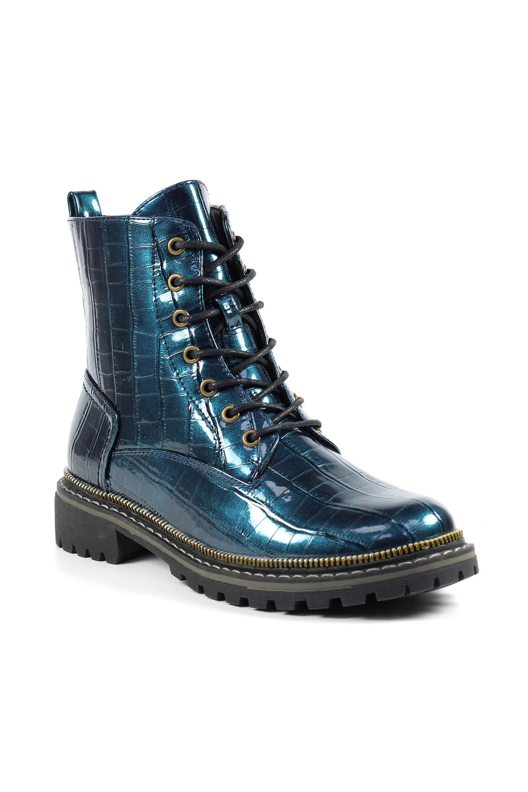 Lunar GLW012 Blue Regan Croc Embossed Patent Boots - Experience Boutique