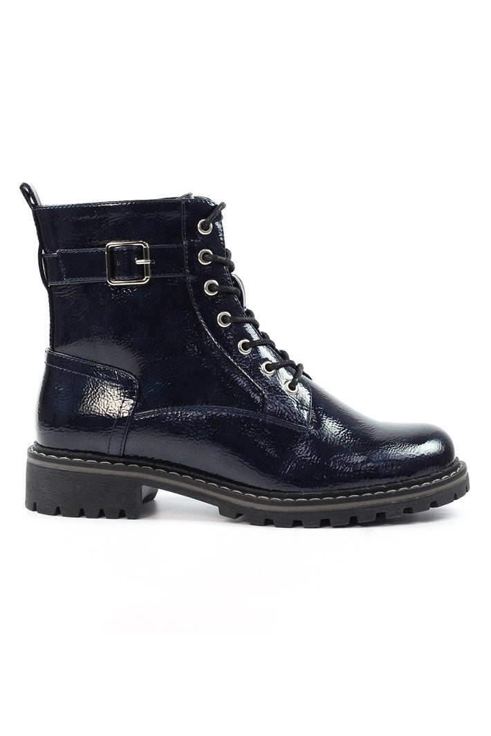 Navy leather boot with lace-up design on a white background