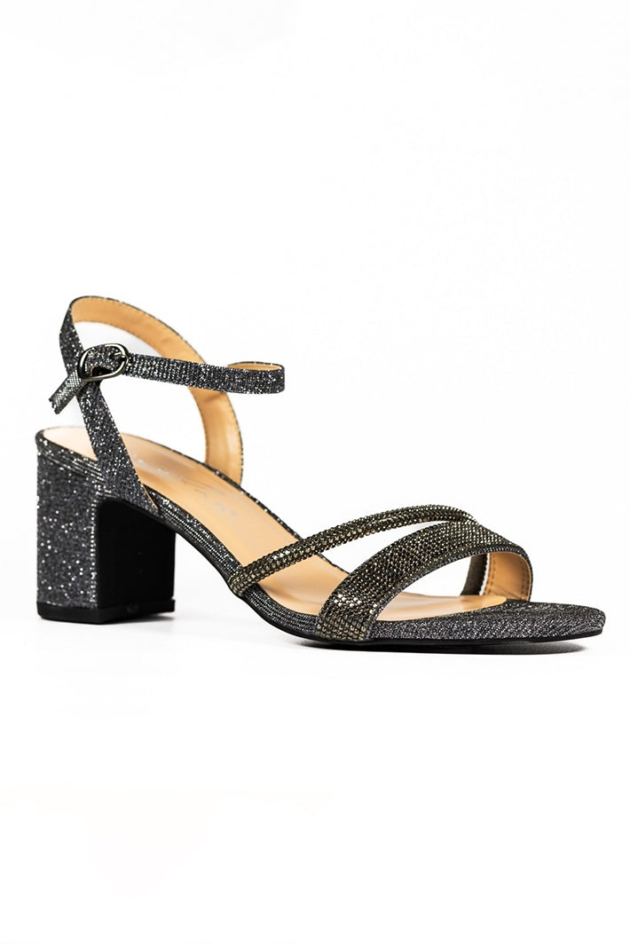 Black glittery sandal with a block heel on a white background