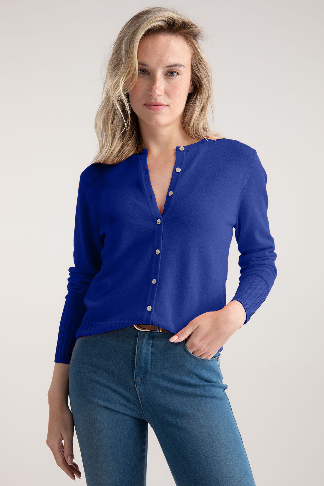 Marble Cardigan Blue Ribbed Button Cuff 6500 153 - Experience Boutique