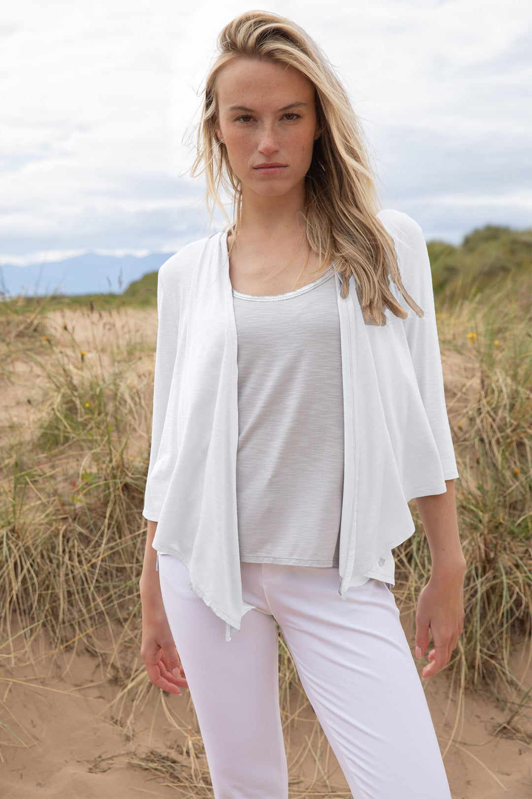 Marble Cardigan White Asymmetric Hem 6541 102 - Experience Boutique