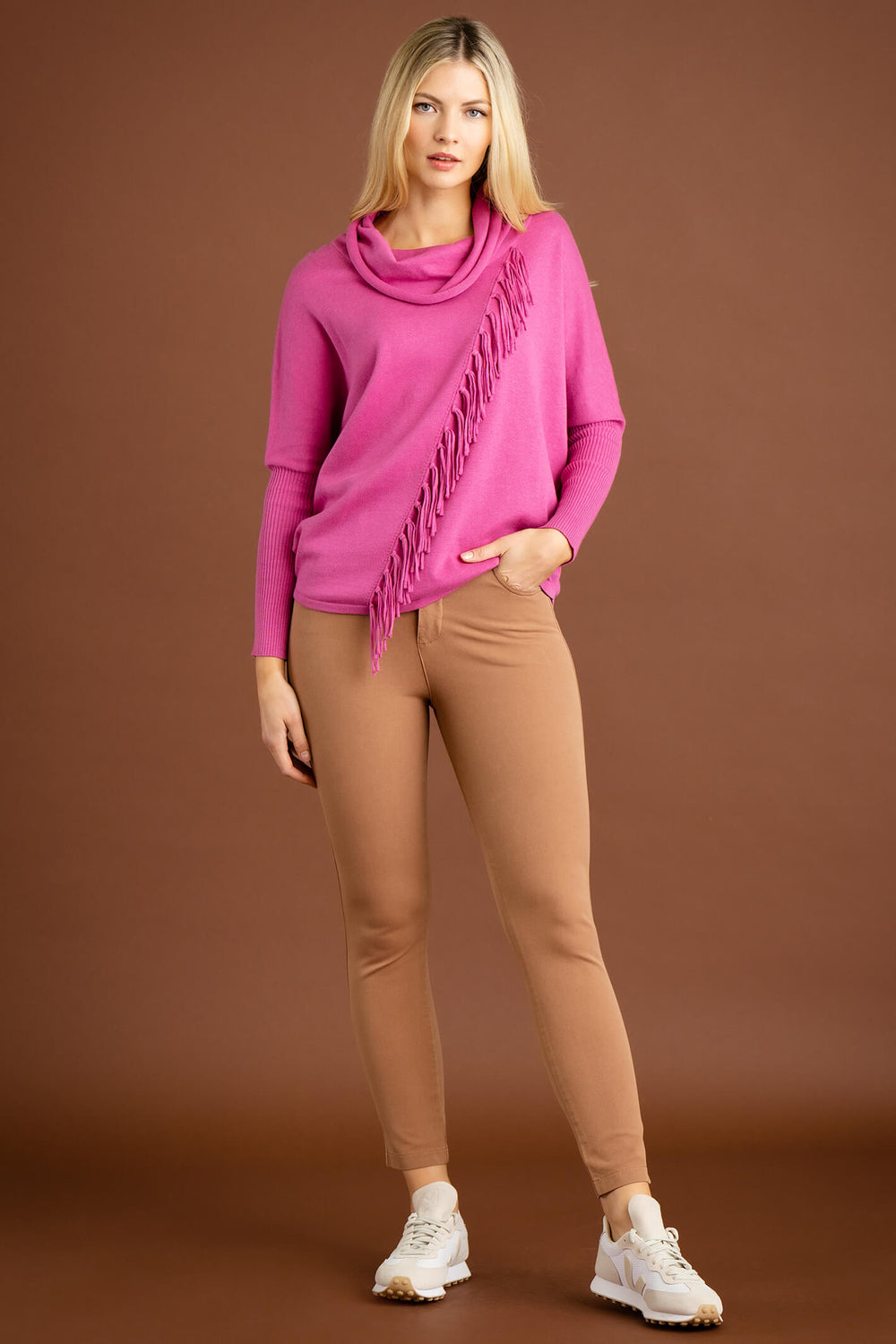 Marble Fashion 6373 206 Pink Oversized Cowl Neck Tassle Jumper - Experience Boutique