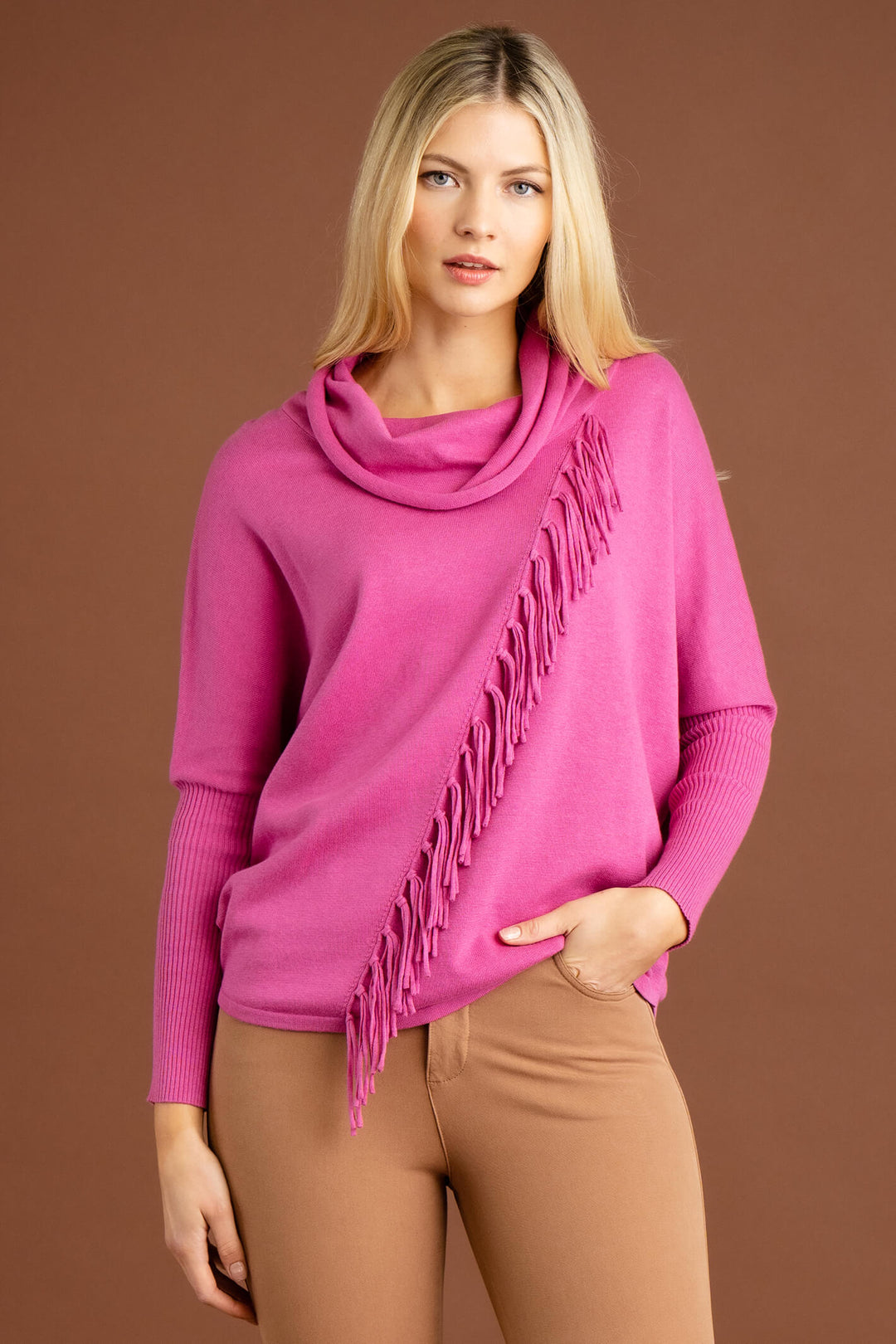Marble Fashion 6373 206 Pink Oversized Cowl Neck Tassle Jumper - Experience Boutique