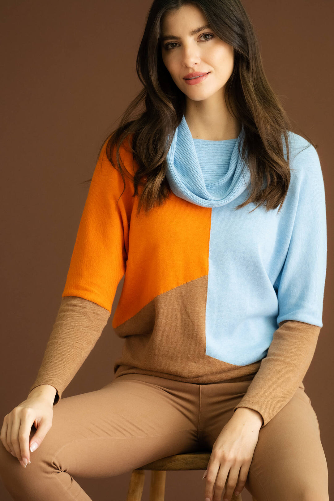 Marble Fashion 6765 213 Blue Brown Block Colour Cowl Neck Jumper - Experience Boutique