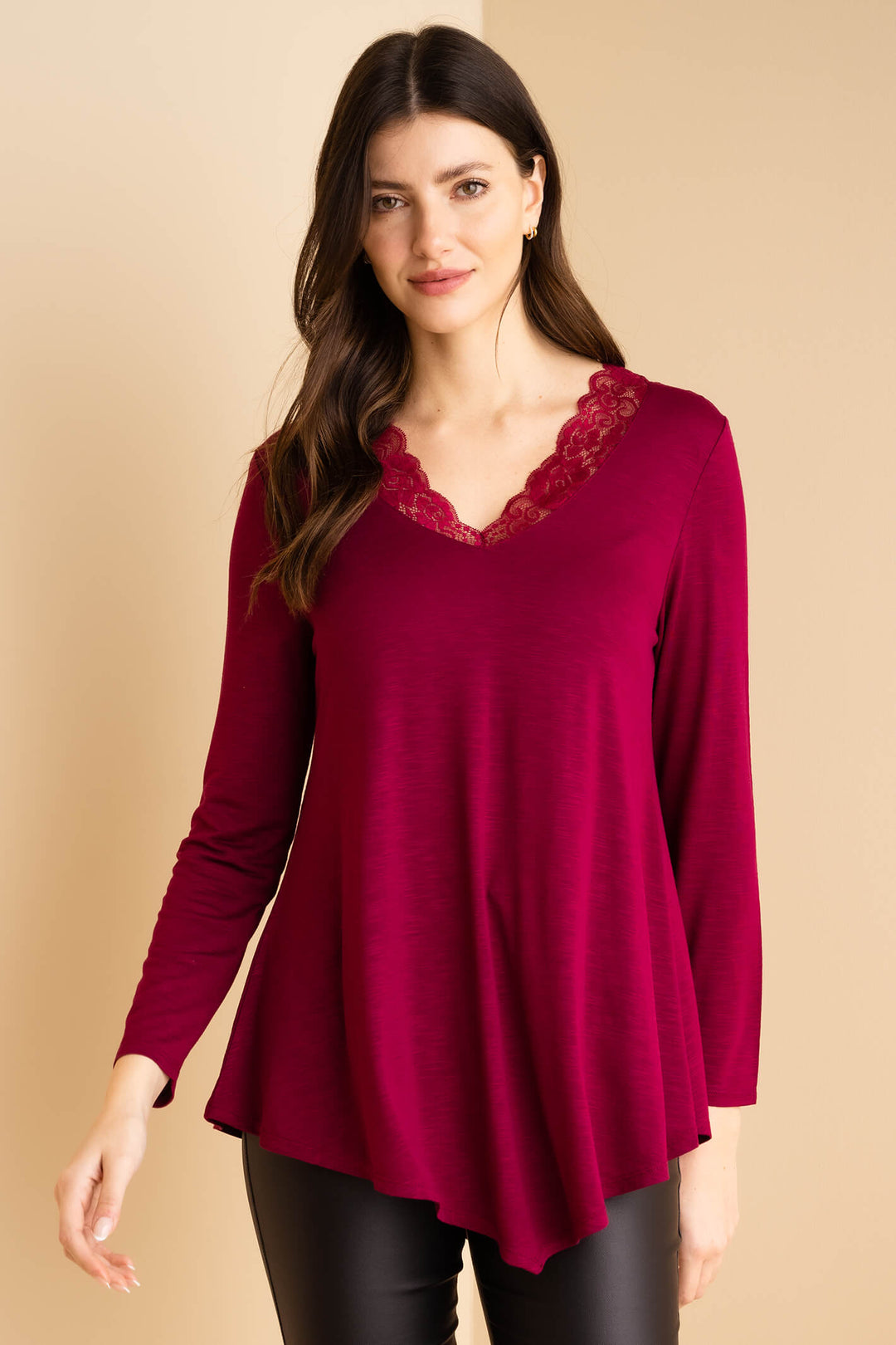 Marble Fashion 7091 205 Burgundy Red Lace Neck Tunic Top - Experience Boutique