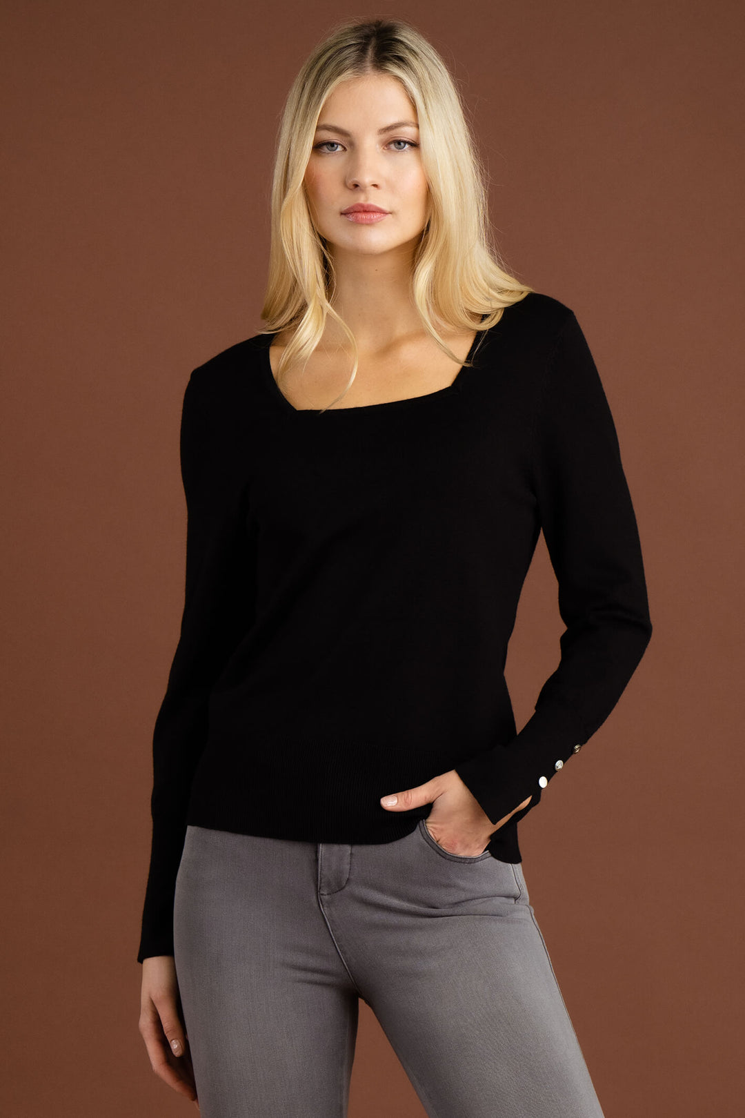 Marble Fashion 7108 101 Black Square Neck Long Sleeve Jumper - Experience Boutique