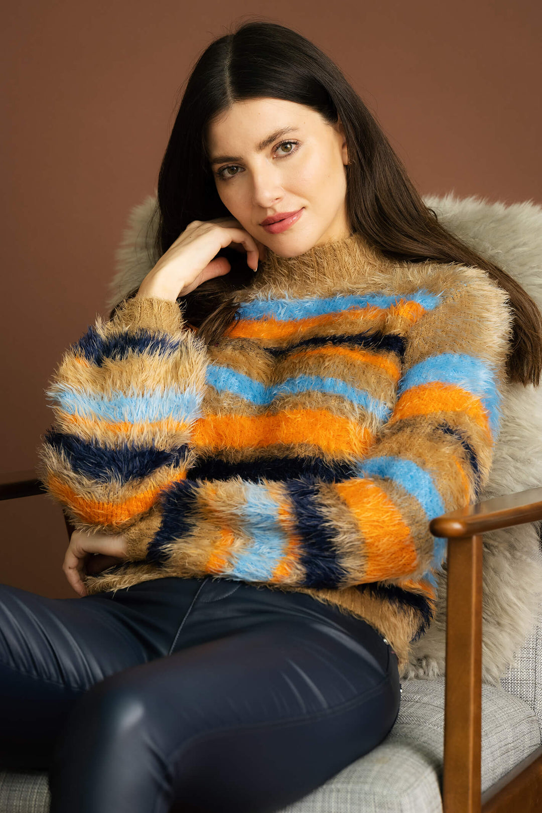 Marble Fashion 7133 209 Brown Fluffy Plush Knit Stripe Jumper - Experience Boutique