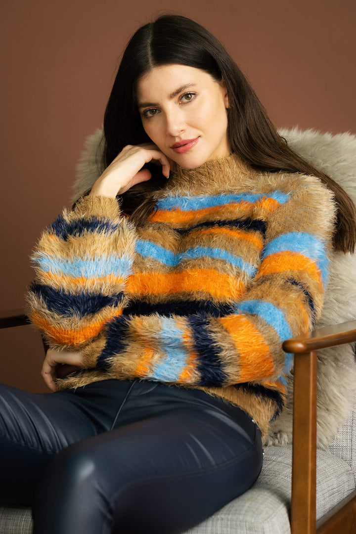 Marble Fashion 7133 209 Brown Fluffy Plush Knit Stripe Jumper - Experience Boutique