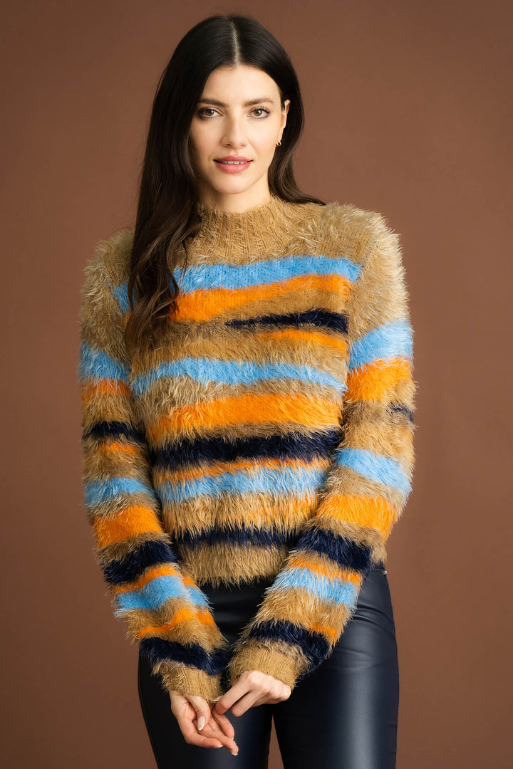 Marble Fashion 7133 209 Brown Fluffy Plush Knit Stripe Jumper - Experience Boutique
