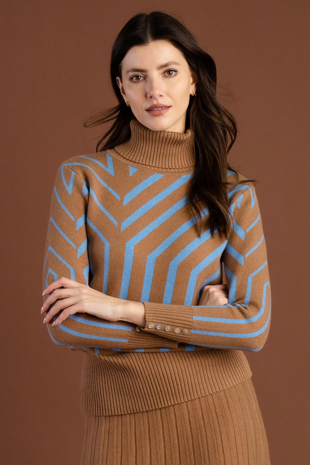 Marble Fashion 7185 208 Brown Blue Pattern Roll Neck Jumper - Experience Boutique