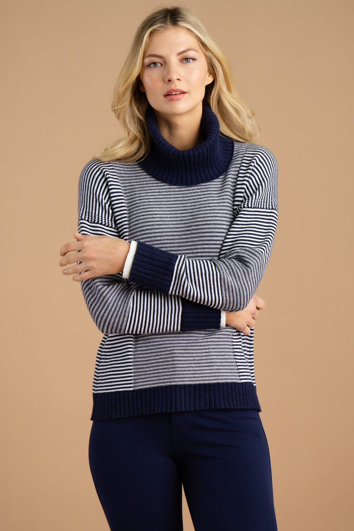 Marble Fashion 7202 103 Navy Stripe Jumper With Ribbed Neck Scarf - Experience Boutique