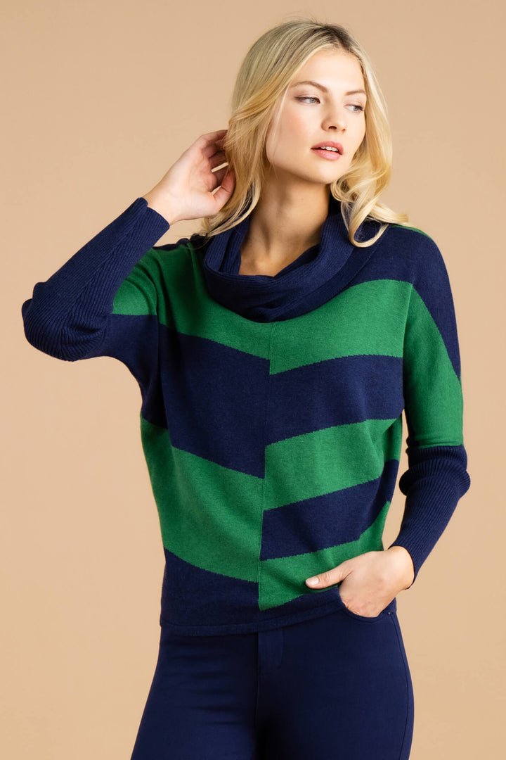 Marble Fashion 7204 103 Green Navy Cowl Neck Jumper - Experience Boutique