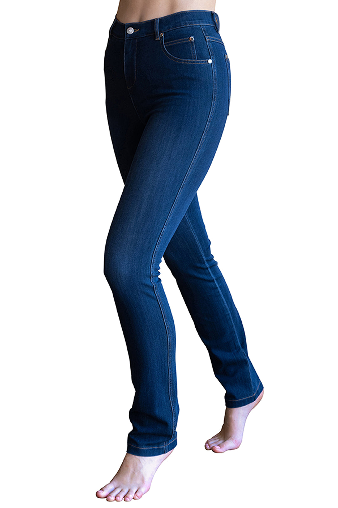 Blue jeans worn by a person on a white background
