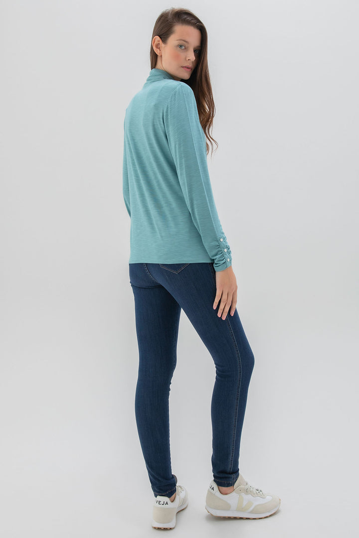 Marble Fashions 6400 223 Dusty Blue Polo Neck Top - Experience Boutique