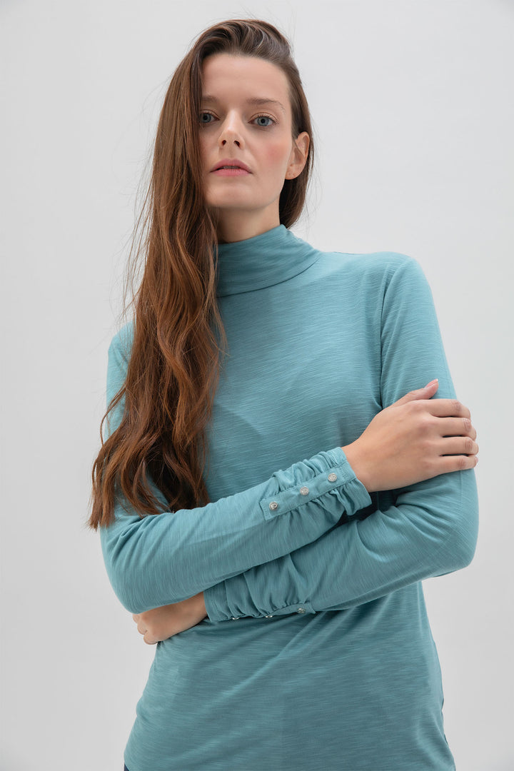 Marble Fashions 6400 223 Dusty Blue Polo Neck Top - Experience Boutique