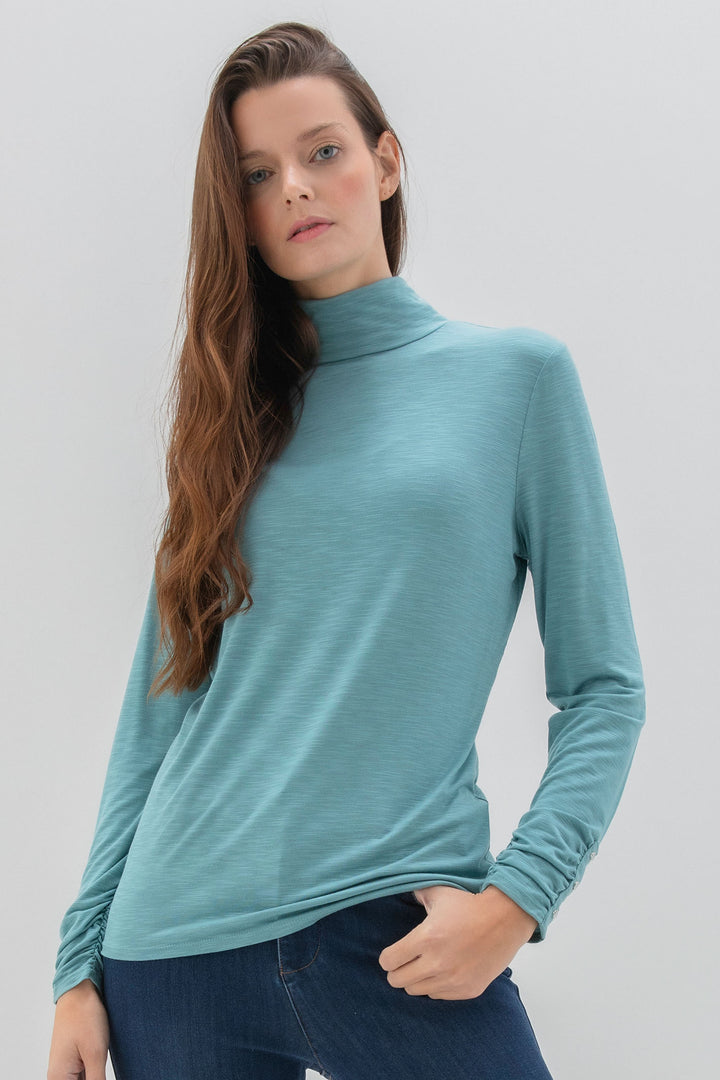 Marble Fashions 6400 223 Dusty Blue Polo Neck Top - Experience Boutique
