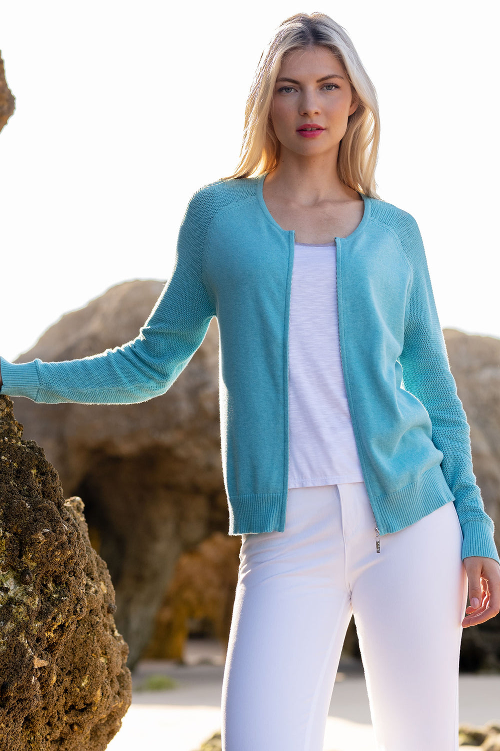 Marble Fashions 7354 151 Aqua Blue Zip Front Cardigan - Experience Boutique