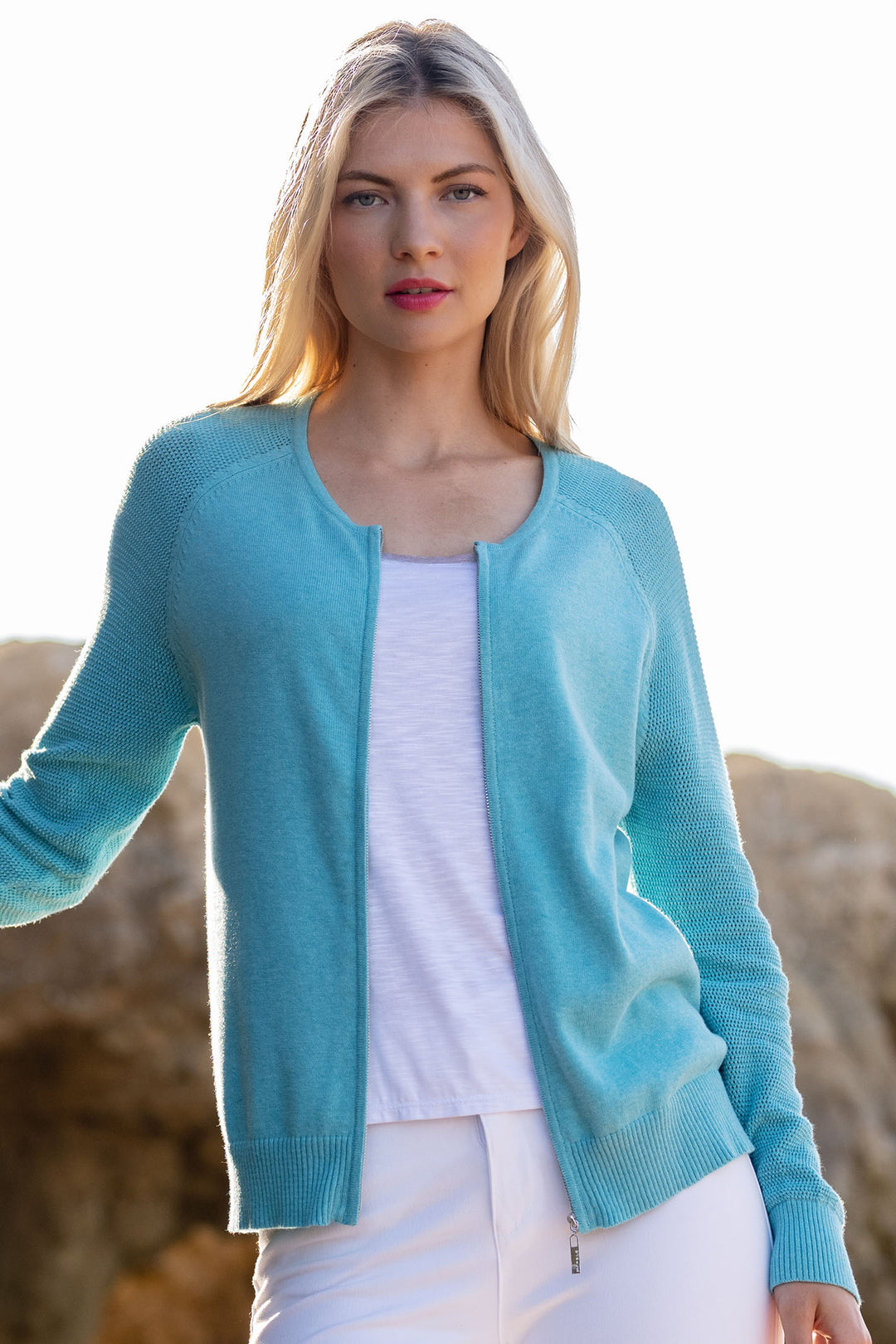 Marble Fashions 7354 151 Aqua Blue Zip Front Cardigan - Experience Boutique