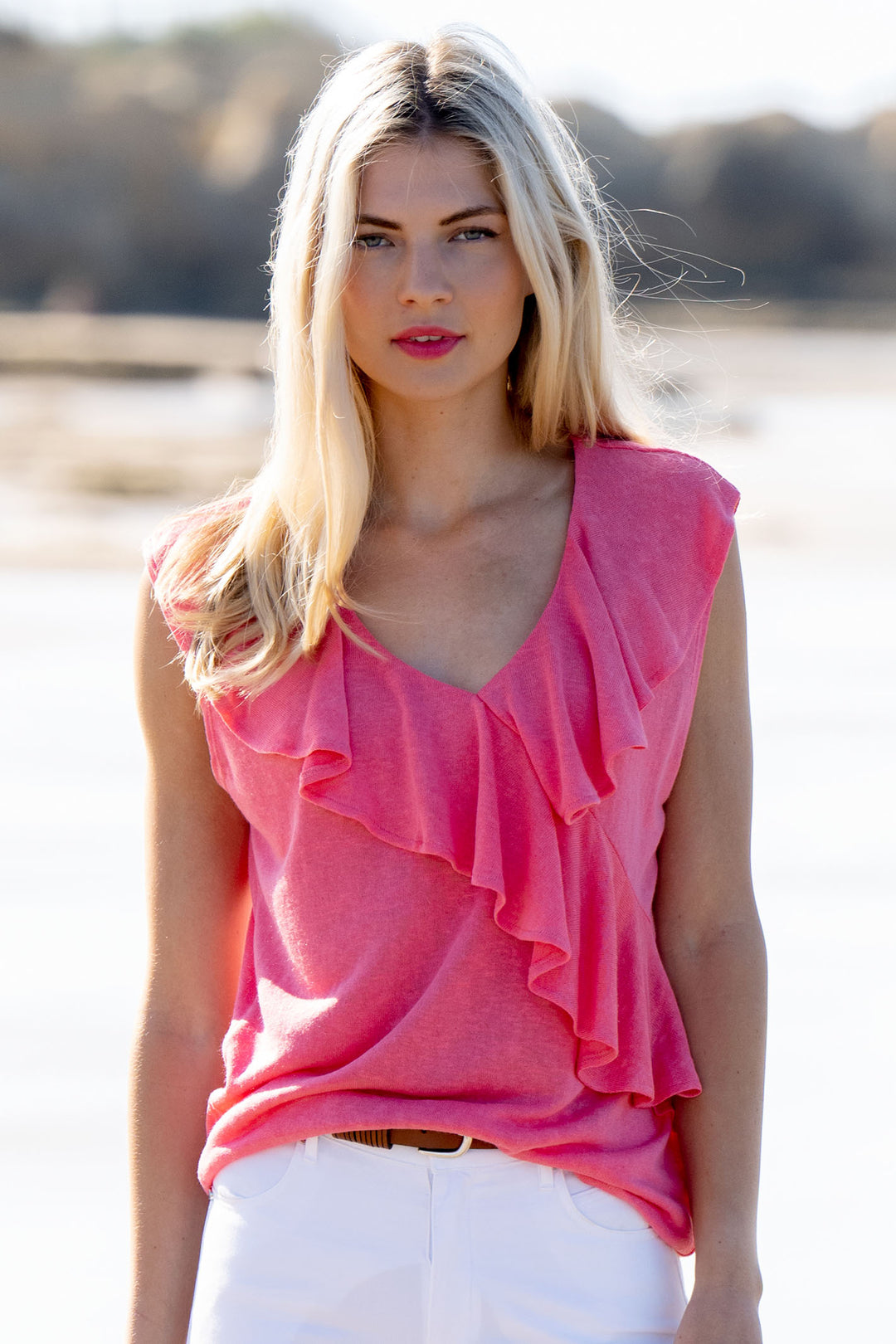 Pink Ruffle Neck Blouse Marble Fashions 7376 135 Salmon Pink Ruffle Neck Top – Experience Boutique