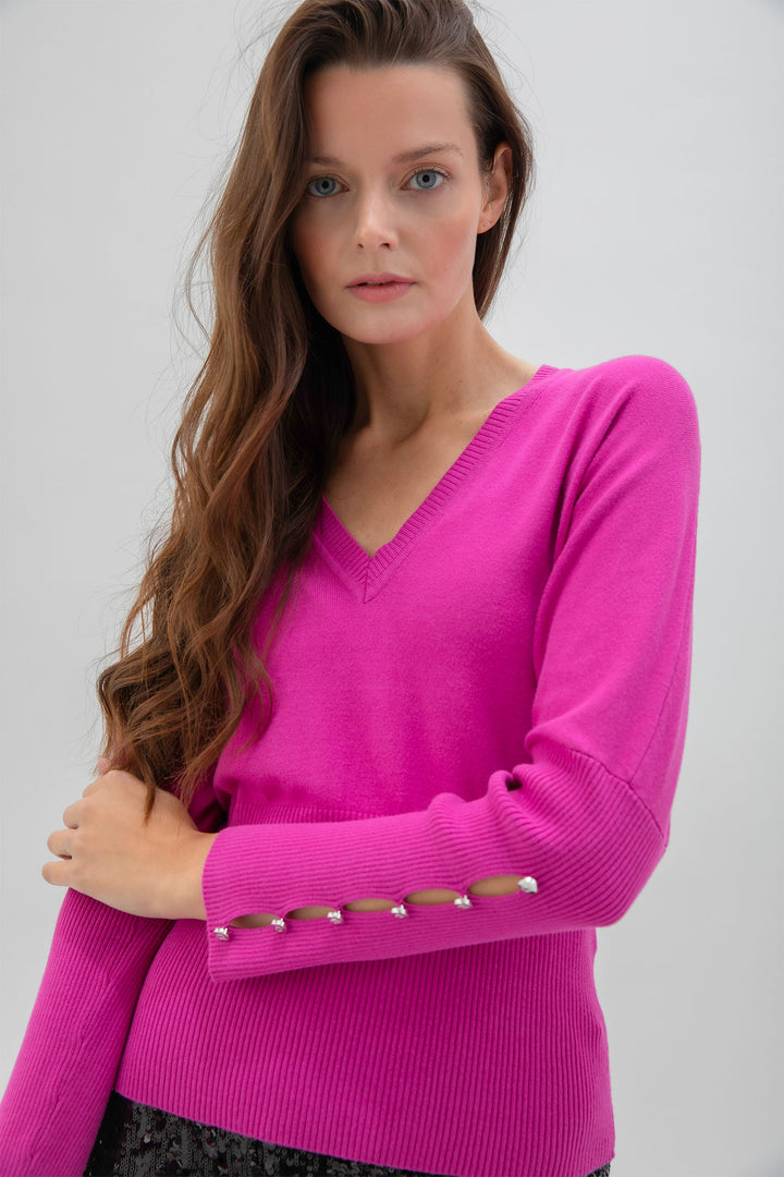 Marble Fashions 7527 222 Hot Pink V-Neck Jumper - Experience Boutique
