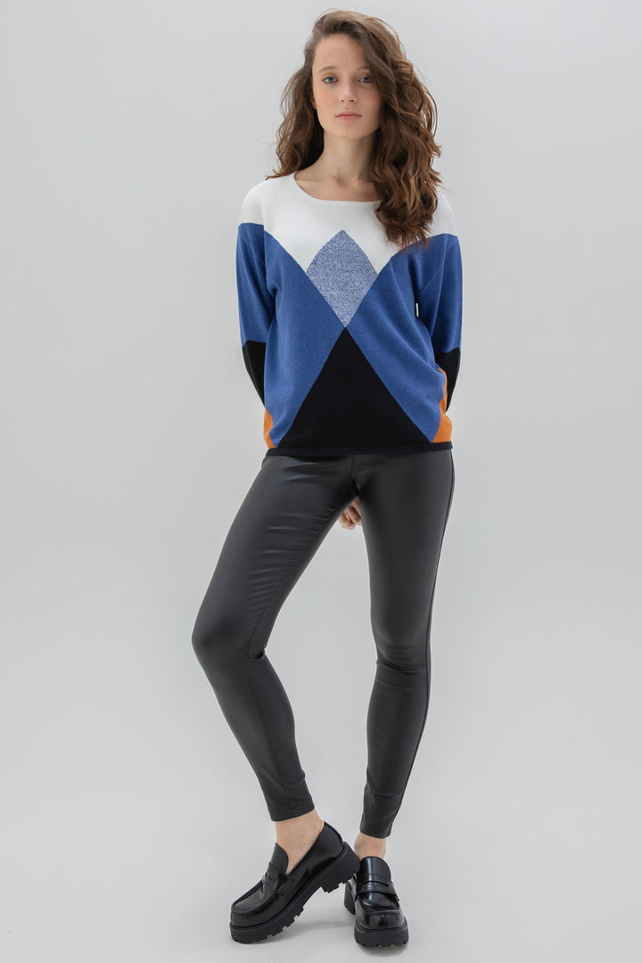 Marble Fashions 7605 Cobalt Geo Colour Block Jumper - Experience Boutique